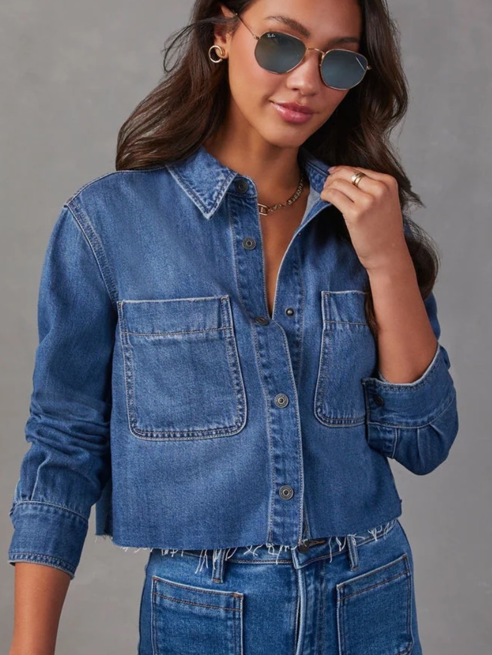 VICI Jamie Cropped Denim Button Down Top
